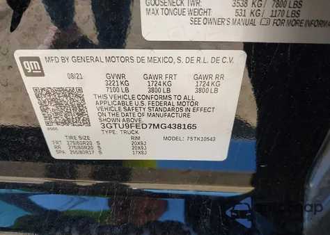 2021 GMC Sierra 1500 4Wd Short Box Denali z USA, uszkodzony, nr VIN 3GTU9FED7MG438165